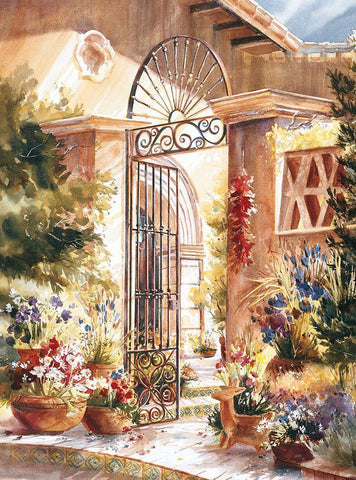 Gated Patio Black Ornate Wood Framed Art Print with Double Matting by Unknown