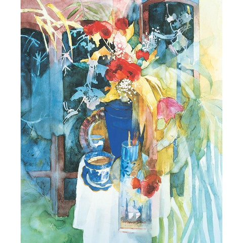 Blue Vase and Flowers White Modern Wood Framed Art Print by Unknown