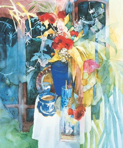 Blue Vase and Flowers White Modern Wood Framed Art Print with Double Matting by Unknown
