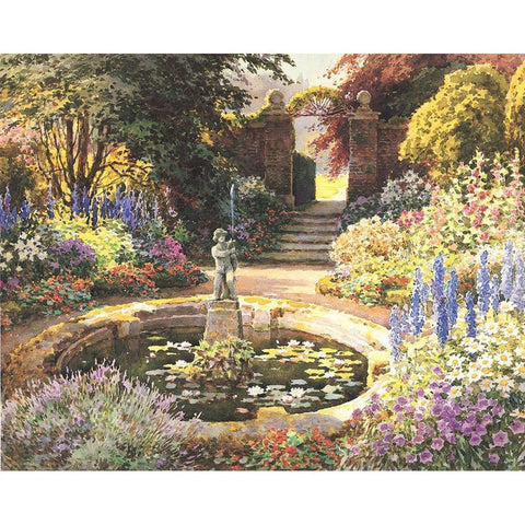 Garden Fountain II Gold Ornate Wood Framed Art Print with Double Matting by Unknown