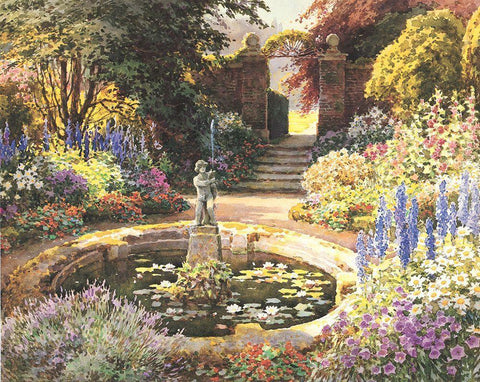 Garden Fountain II Black Ornate Wood Framed Art Print with Double Matting by Unknown