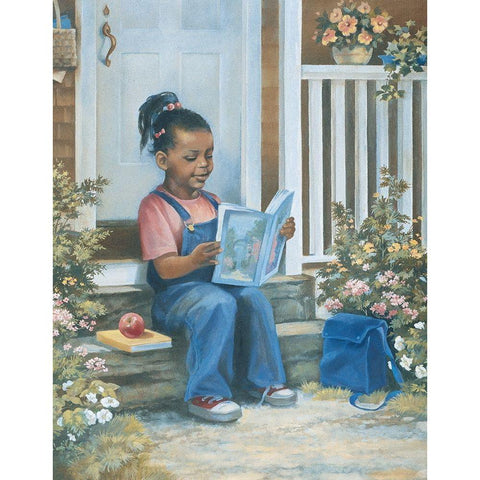 Girl Reading a Book White Modern Wood Framed Art Print by Unknown