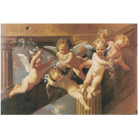 Cherubs Gold Ornate Wood Framed Art Print with Double Matting by Unknown