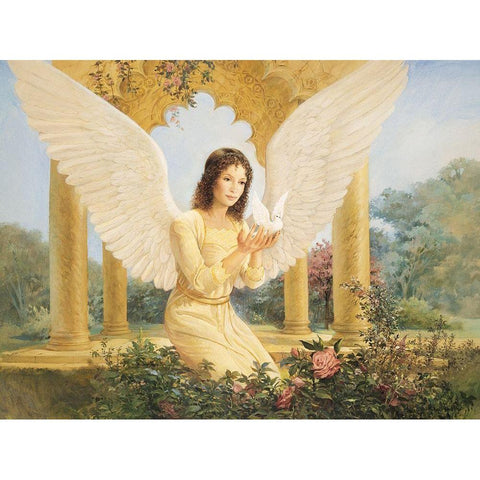 Angel and Dove White Modern Wood Framed Art Print by Unknown