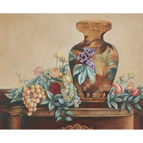 Vase and Fruit Black Modern Wood Framed Art Print with Double Matting by Unknown