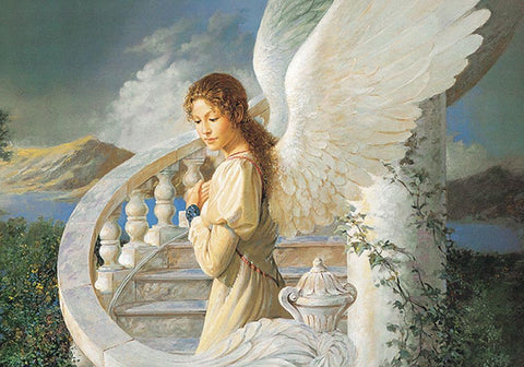 Angel on Stairway White Modern Wood Framed Art Print with Double Matting by Unknown