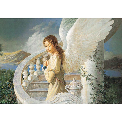 Angel on Stairway Gold Ornate Wood Framed Art Print with Double Matting by Unknown