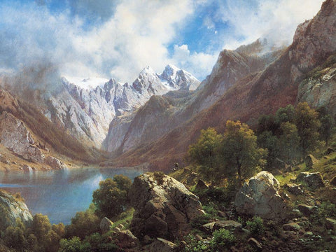 Mountain Lake Black Ornate Wood Framed Art Print with Double Matting by Unknown