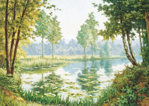 Misty Lake Black Ornate Wood Framed Art Print with Double Matting by Unknown