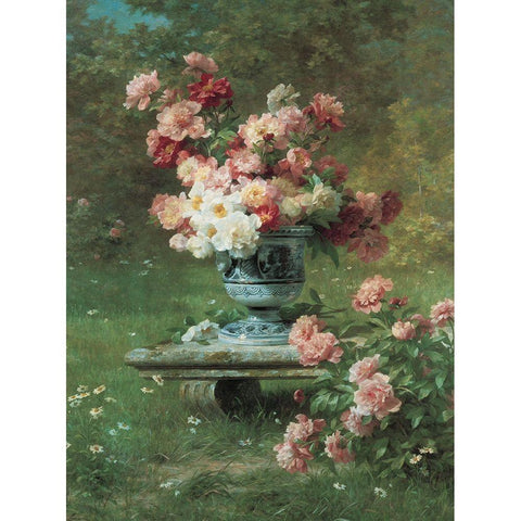 Peonies in Urn Black Modern Wood Framed Art Print with Double Matting by Unknown