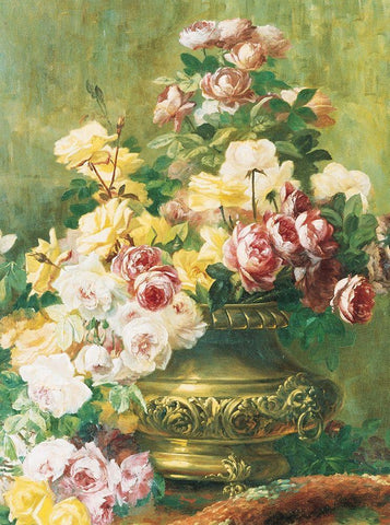Roses in Urn White Modern Wood Framed Art Print with Double Matting by Unknown