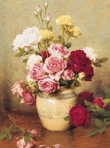 Roses in Vase Black Ornate Wood Framed Art Print with Double Matting by Unknown