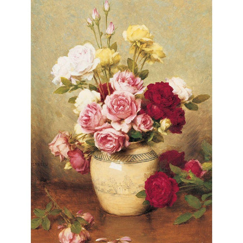 Roses in Vase Gold Ornate Wood Framed Art Print with Double Matting by Unknown