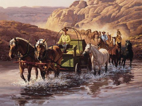 Wagon Train Black Ornate Wood Framed Art Print with Double Matting by Unknown