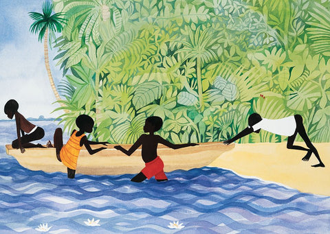 Push the Canoe White Modern Wood Framed Art Print with Double Matting by Unknown