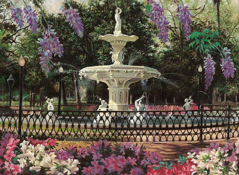 Garden Fountain White Modern Wood Framed Art Print with Double Matting by Unknown