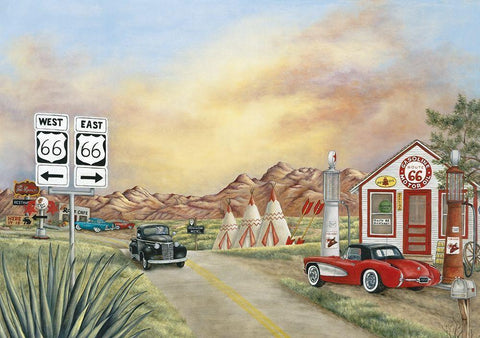 Route 66 II White Modern Wood Framed Art Print with Double Matting by Unknown