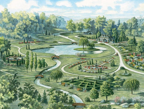 Estate Gardens Black Ornate Wood Framed Art Print with Double Matting by Unknown