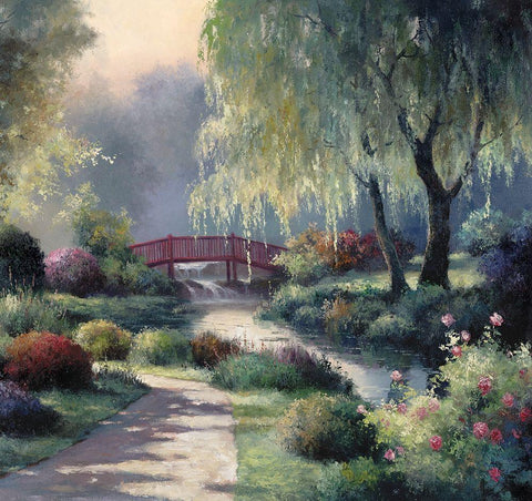 Red Bridge Black Ornate Wood Framed Art Print with Double Matting by Unknown
