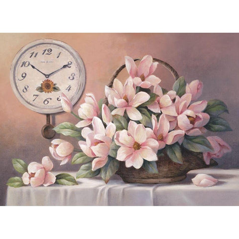 Magnolias and Clock Black Modern Wood Framed Art Print with Double Matting by Unknown
