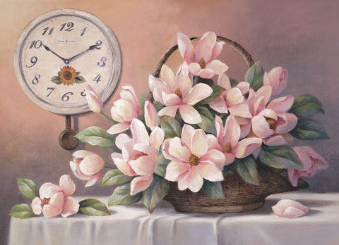 Magnolias and Clock White Modern Wood Framed Art Print with Double Matting by Unknown