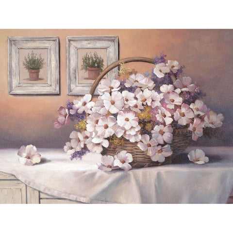 Daisies and Basket Gold Ornate Wood Framed Art Print with Double Matting by Unknown