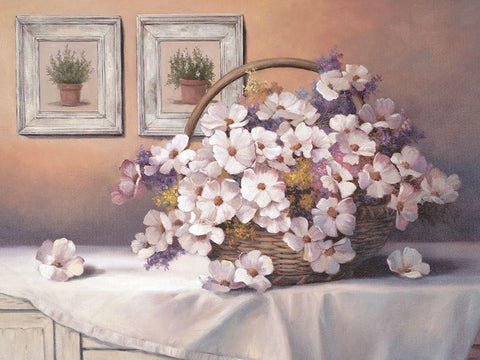 Daisies and Basket Black Ornate Wood Framed Art Print with Double Matting by Unknown