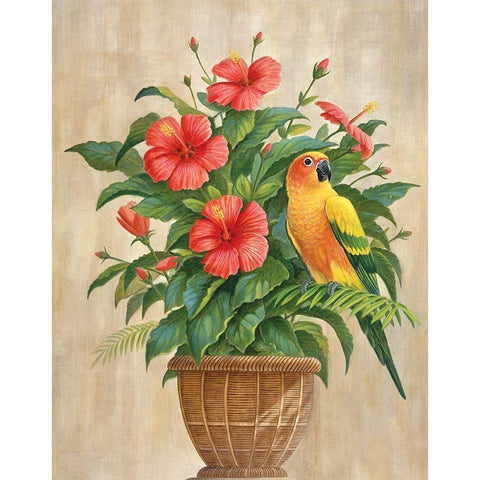 Parrot and Hibiscus Black Modern Wood Framed Art Print with Double Matting by Unknown