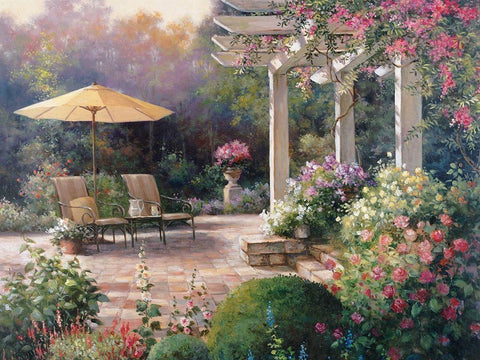 Patio Garden White Modern Wood Framed Art Print with Double Matting by Unknown