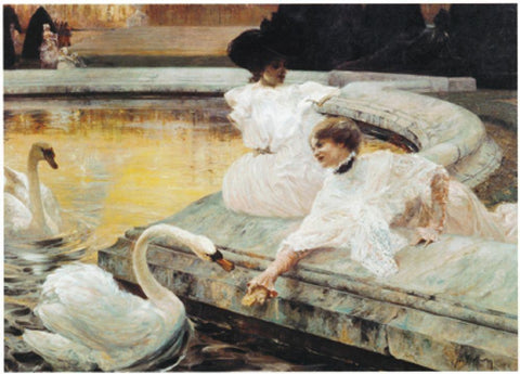 Two Swans White Modern Wood Framed Art Print with Double Matting by Unknown