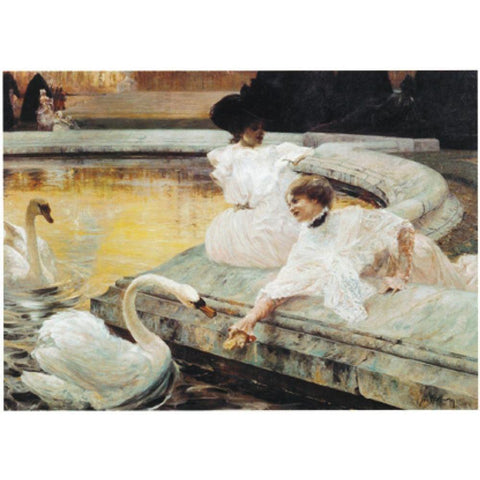 Two Swans Black Modern Wood Framed Art Print with Double Matting by Unknown