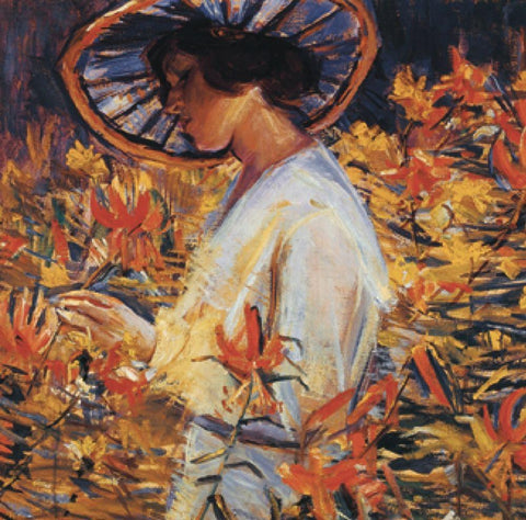 Lady in Flowers White Modern Wood Framed Art Print with Double Matting by Unknown