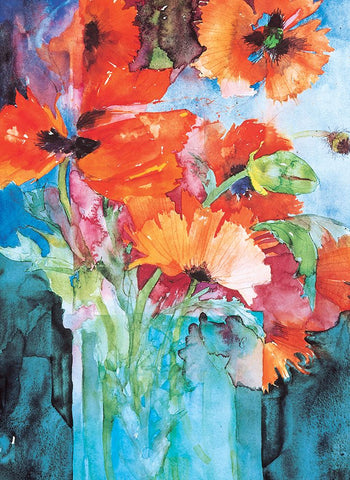 Orange And Blue Floral Black Ornate Wood Framed Art Print with Double Matting by Unknown
