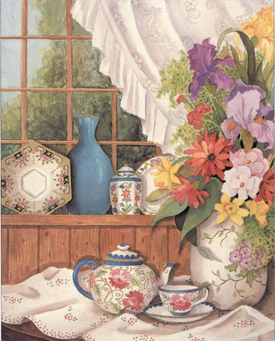 Flowers by the Window Black Ornate Wood Framed Art Print with Double Matting by Unknown