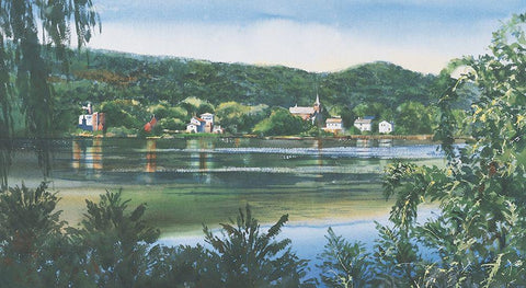Lakeside Village White Modern Wood Framed Art Print with Double Matting by Unknown