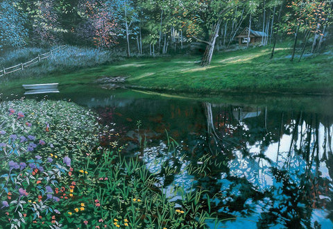 Cabin by Lake White Modern Wood Framed Art Print with Double Matting by Unknown