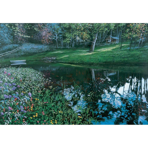 Cabin by Lake Black Modern Wood Framed Art Print with Double Matting by Unknown