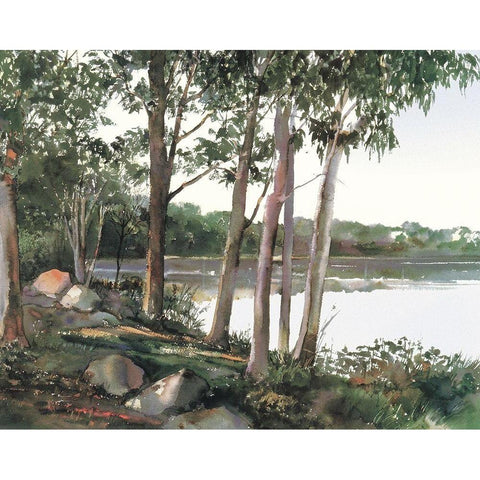 Lake and Trees White Modern Wood Framed Art Print by Unknown