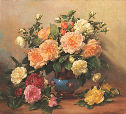 Roses Floral Black Ornate Wood Framed Art Print with Double Matting by Unknown