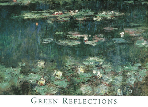 Green Reflections White Modern Wood Framed Art Print with Double Matting by Monet, Claude