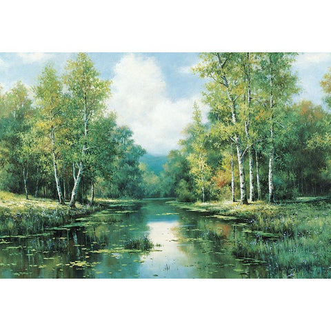 Placid Stream I Gold Ornate Wood Framed Art Print with Double Matting by Unknown