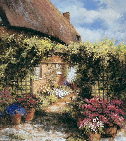Thatched Cottage White Modern Wood Framed Art Print with Double Matting by Unknown