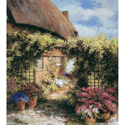 Thatched Cottage Black Modern Wood Framed Art Print with Double Matting by Unknown
