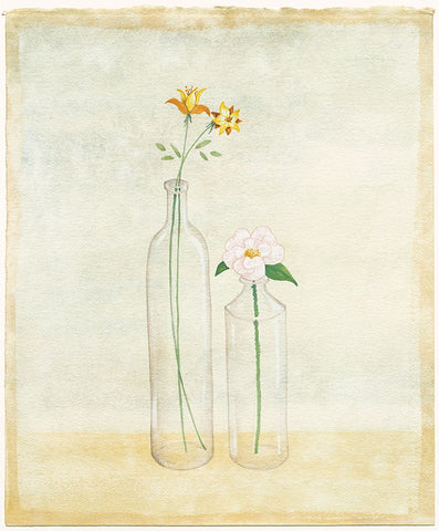 Bottles And Flowers I White Modern Wood Framed Art Print with Double Matting by Unknown