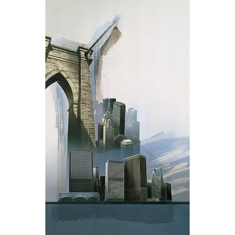 NYC Brooklyn Bridge White Modern Wood Framed Art Print by Unknown