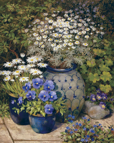 Blue Vases And Flowers Black Ornate Wood Framed Art Print with Double Matting by Unknown