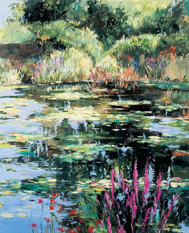 Pond of Flowers I Black Ornate Wood Framed Art Print with Double Matting by Unknown