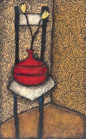 Red Vase on Chair Black Ornate Wood Framed Art Print with Double Matting by Unknown