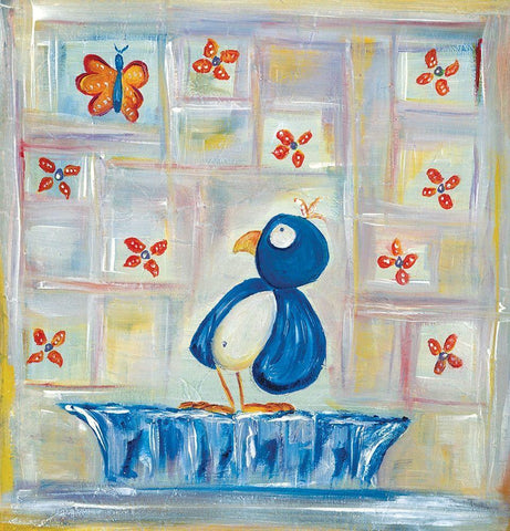 Birdy Blue White Modern Wood Framed Art Print with Double Matting by Unknown