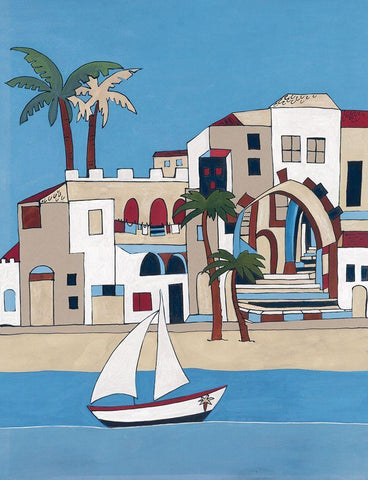 Seaside Village II White Modern Wood Framed Art Print with Double Matting by Unknown